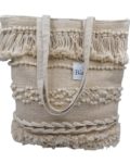 Fabric Bag with Embroidered Designs & Fringe in White Color.