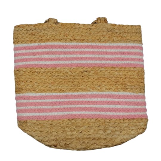 Ψάθινη Τσάντα σε Φυσικό Χρώμα με Ροζ Βαμβακερές Ρίγες.