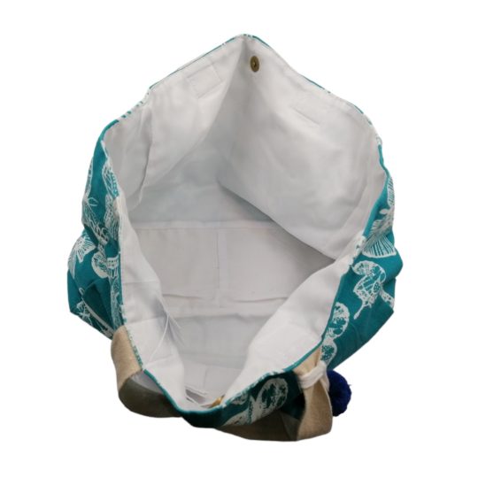 Υφασμάτινη Τσάντα Θαλάσσης με Πράσινου Χρώματος με Λευκές Πεταλούδες.